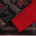 Detail of the black Sambalpuri cotton dress material's blouse piece with red motifs.