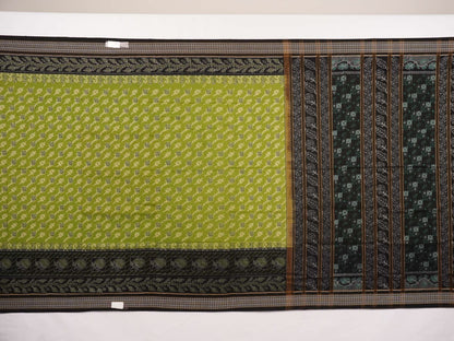 Full flat layout of the green and black Sambalpuri cotton saree with detailed motifs and pallu design