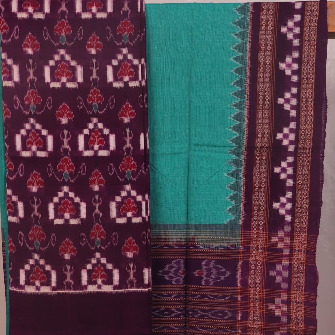 Detail of the purple and green Sambalpuri Pasapalli cotton dress material's blouse piece.