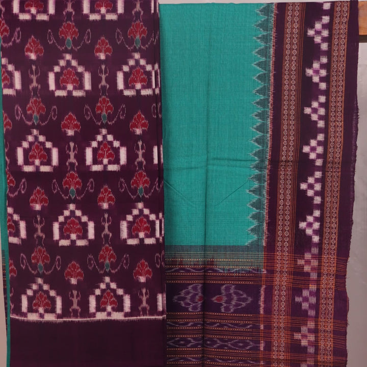 Detail of the purple and green Sambalpuri Pasapalli cotton dress material's blouse piece.