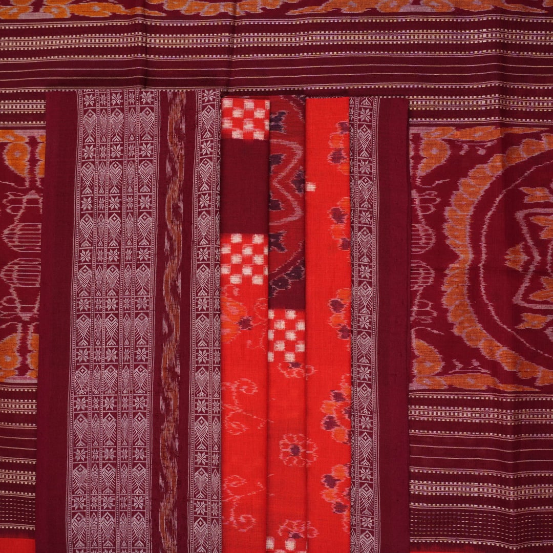 Full view of the orange and maroon Sambalpuri cotton saree showcasing the iconic Pasapalli checkerboard pattern.