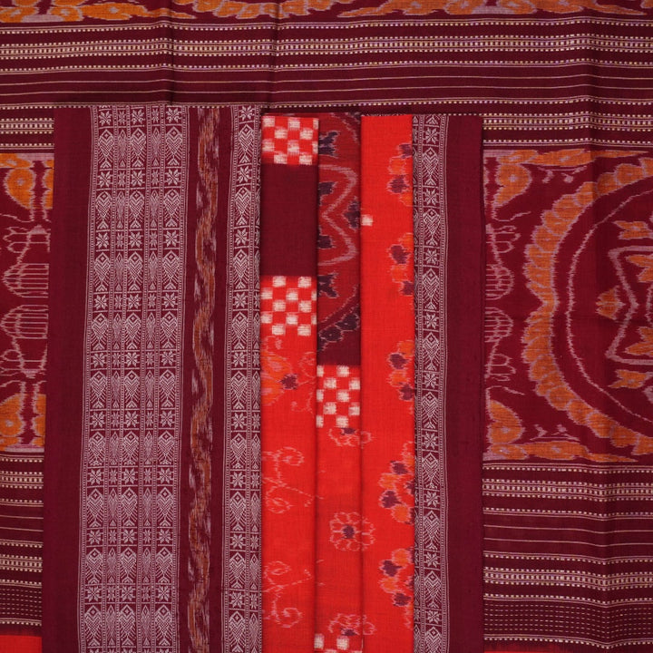 Full view of the orange and maroon Sambalpuri cotton saree showcasing the iconic Pasapalli checkerboard pattern.