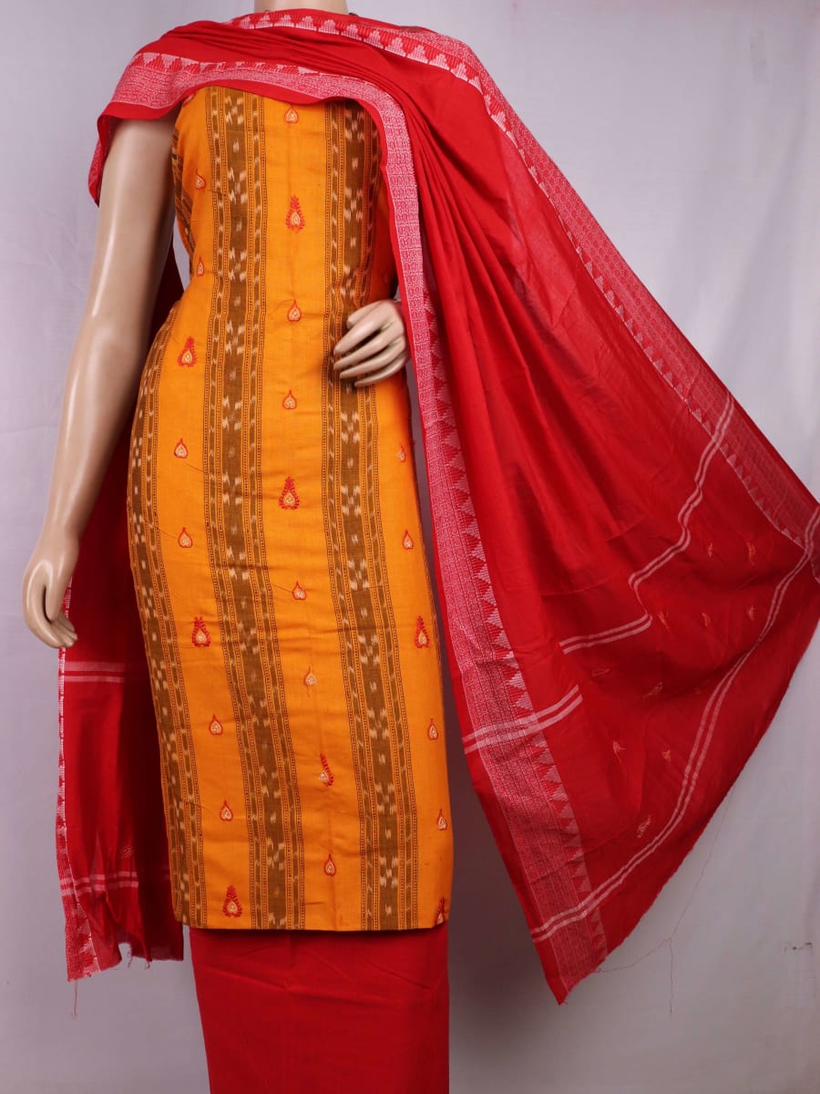 Yellow cotton Sambalpuri dress material with red motifs and intricate blouse piece.