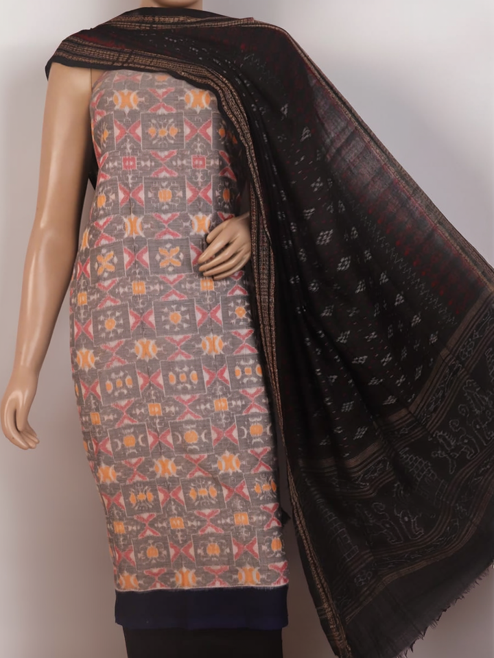 Grey and black Sambalpuri cotton dress material blouse piece with motifs.