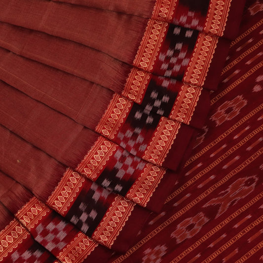 Full-width view of a brown and maroon cotton Sambalpuri saree featuring a butta pattern