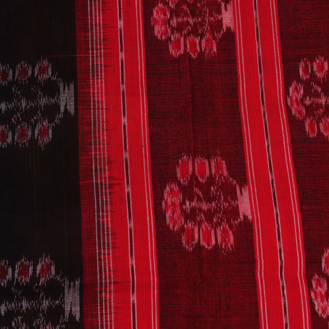 Draped view of a black and red cotton dupatta with Sambalpuri motifs