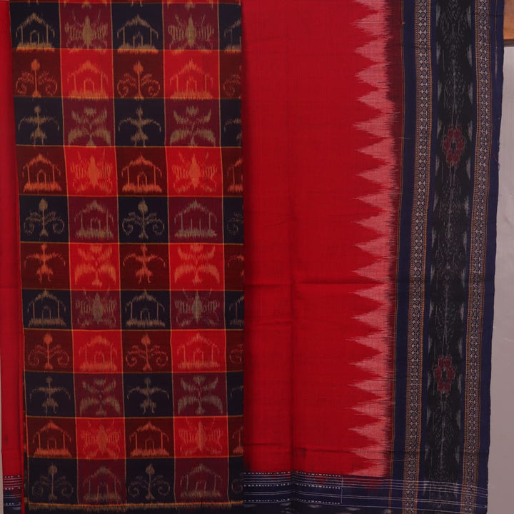 Detail of the red Sambalpuri cotton dress material's blouse piece with motifs.
