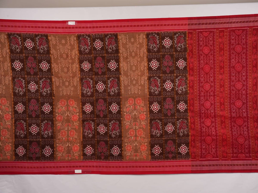 Model draped in brown and red Pasapalli Sambalpuri cotton saree showcasing traditional Odisha handloom