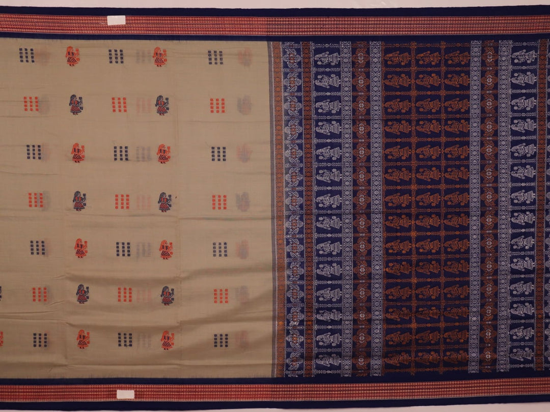 Full view of a handloom Bomkai saree in grey and blue with butta motifs.