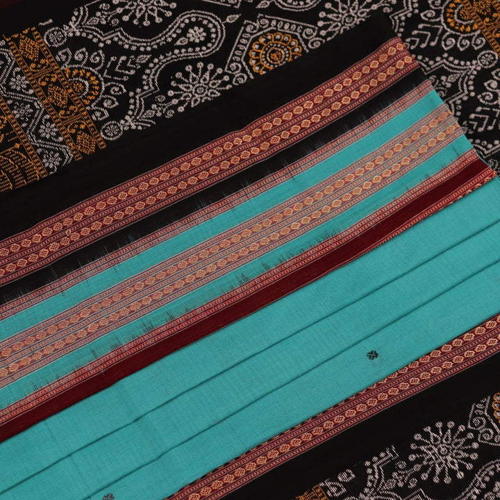 Full view of a blue and black Bomkai cotton saree with intricate butta pattern.