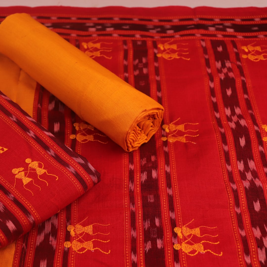 Sambalpuri red and yellow cotton dress material: Close-up of its motif-patterned blouse piece.