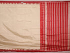 Close-up of plain white silk fabric with intricate Berhampuri weaving in red