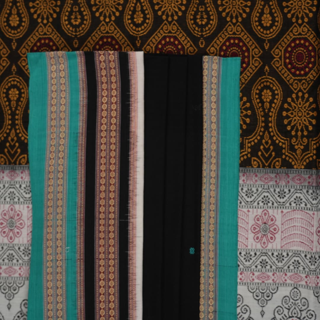 Full view of the black and green Bomkai cotton handloom saree showing the complete body, pallu, and border.