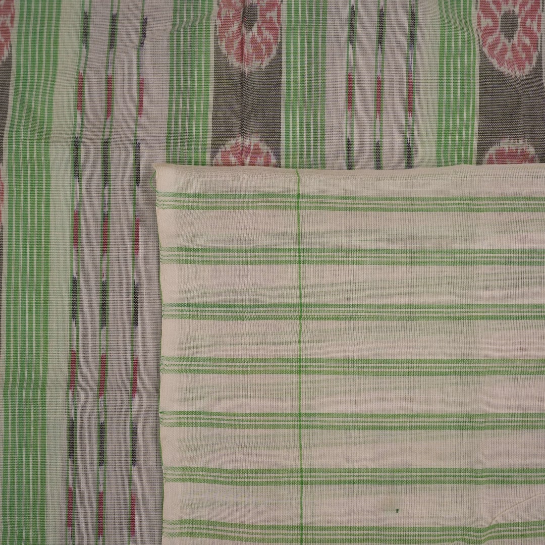 Full-length layout of the green and white striped Sambalpuri cotton saree showing the complete design.