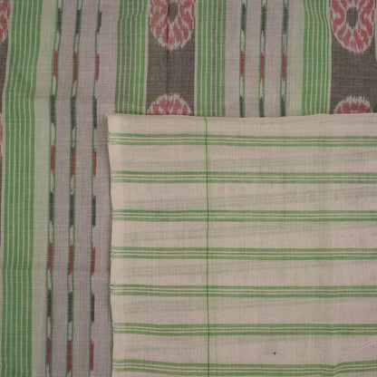 Full-length layout of the green and white striped Sambalpuri cotton saree showing the complete design.