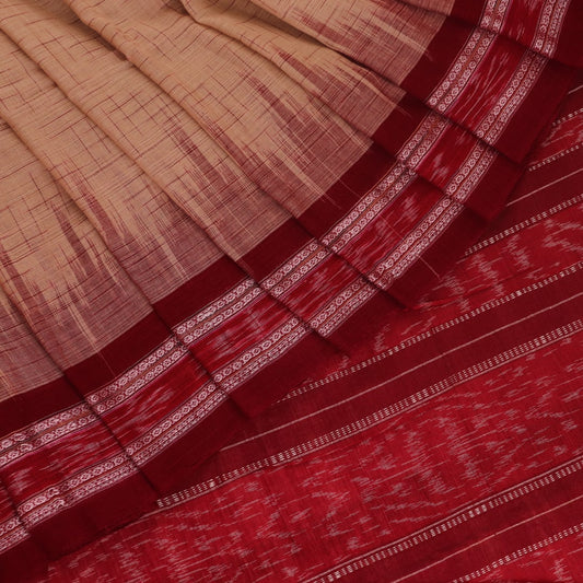 Draped plain cream and maroon Sambalpuri cotton saree.