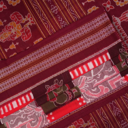 Model wearing a multi-color and maroon Sambalpuri cotton saree in a traditional Pasapalli weave
