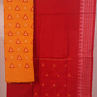 Close-up of the yellow and red Sambalpuri cotton dress material blouse piece with motifs.