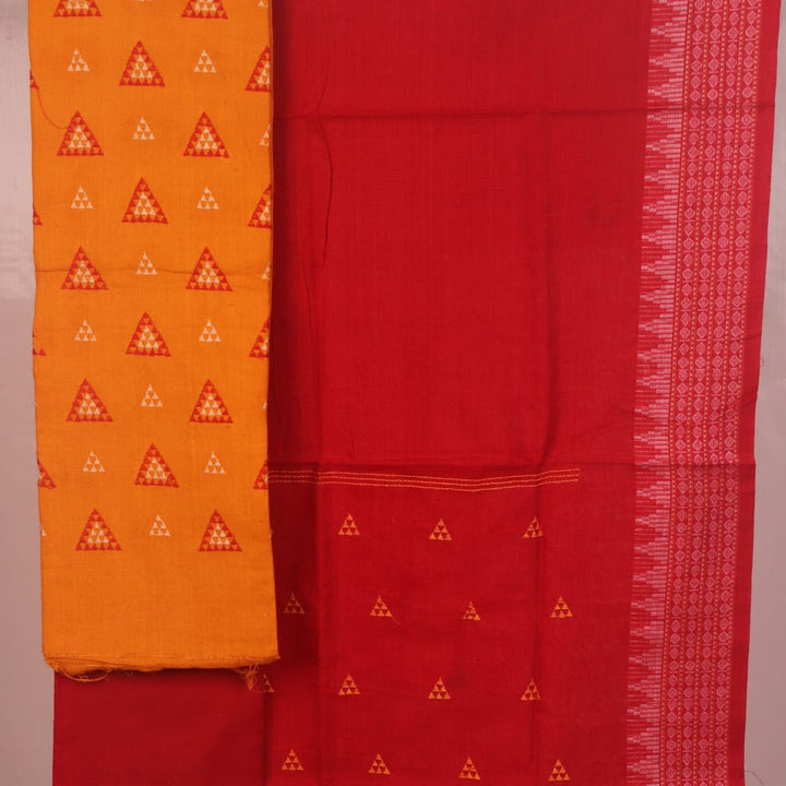 Close-up of the yellow and red Sambalpuri cotton dress material blouse piece with motifs.