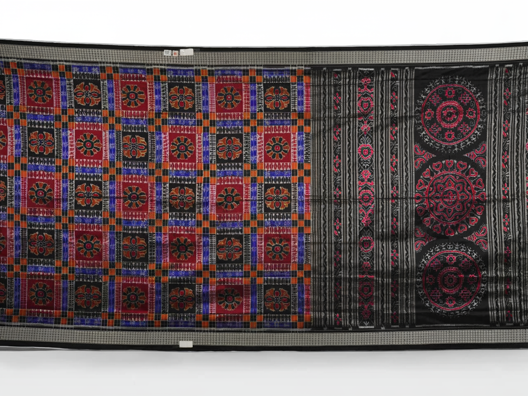 Close-up showing the rich, handloom silk texture and intricate multi-color Utkallaxmi weave with motifs.