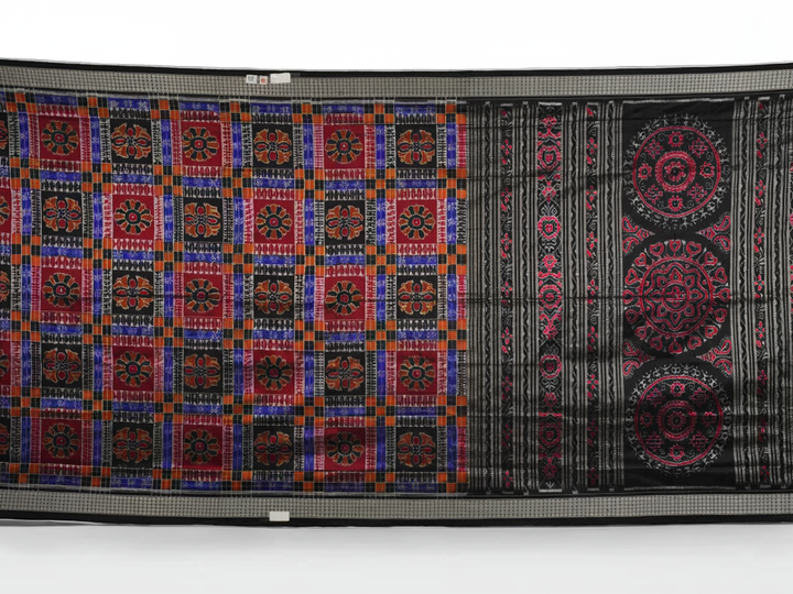 Close-up showing the rich, handloom silk texture and intricate multi-color Utkallaxmi weave with motifs.