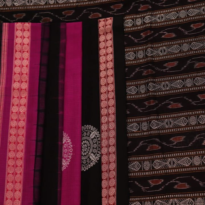 Full view of a magenta and black Bomkai cotton saree with intricate butta patterns.