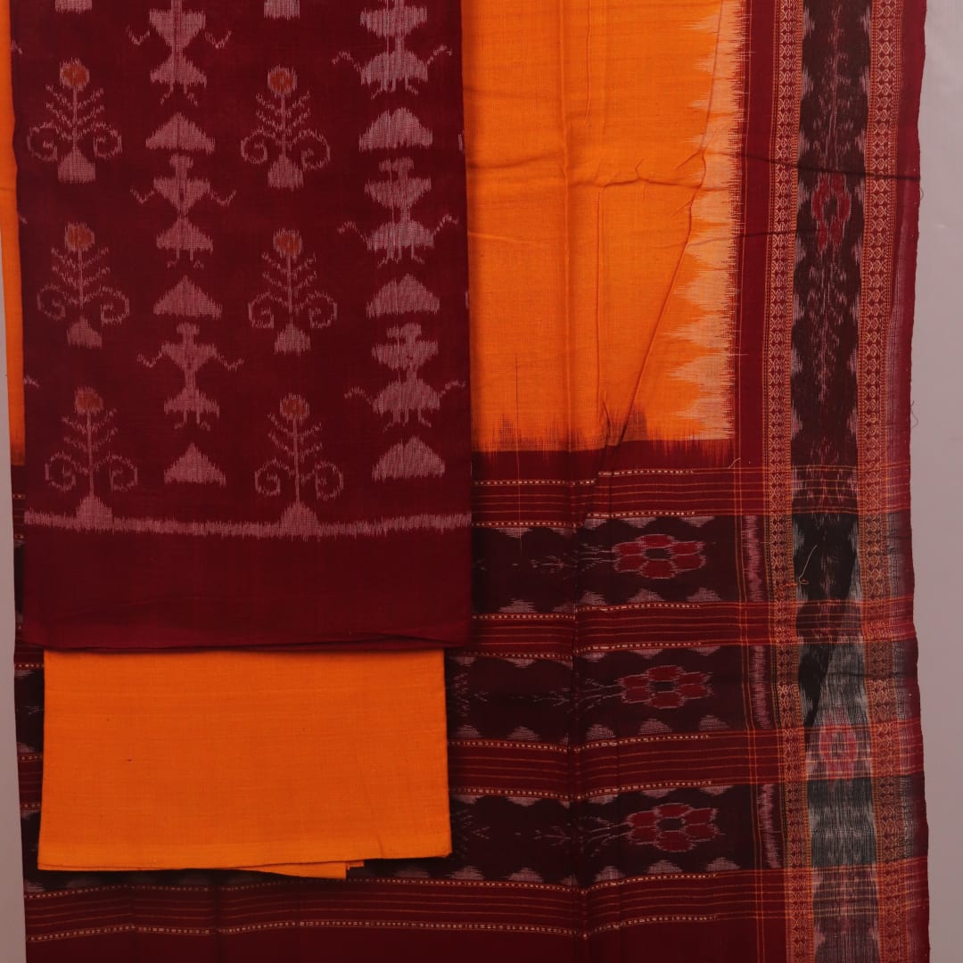 Maroon and yellow Sambalpuri cotton dress material blouse piece with motifs.
