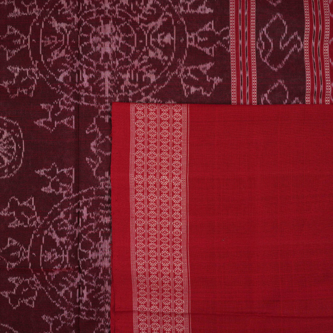 Full flat layout of the blue and maroon Sambalpuri cotton saree displaying the complete motifs and border pattern.