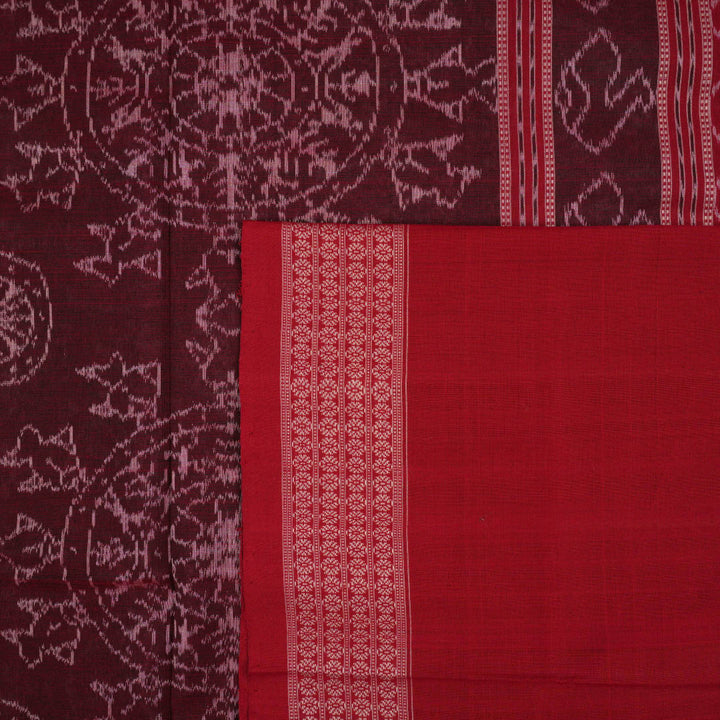 Full flat layout of the blue and maroon Sambalpuri cotton saree displaying the complete motifs and border pattern.