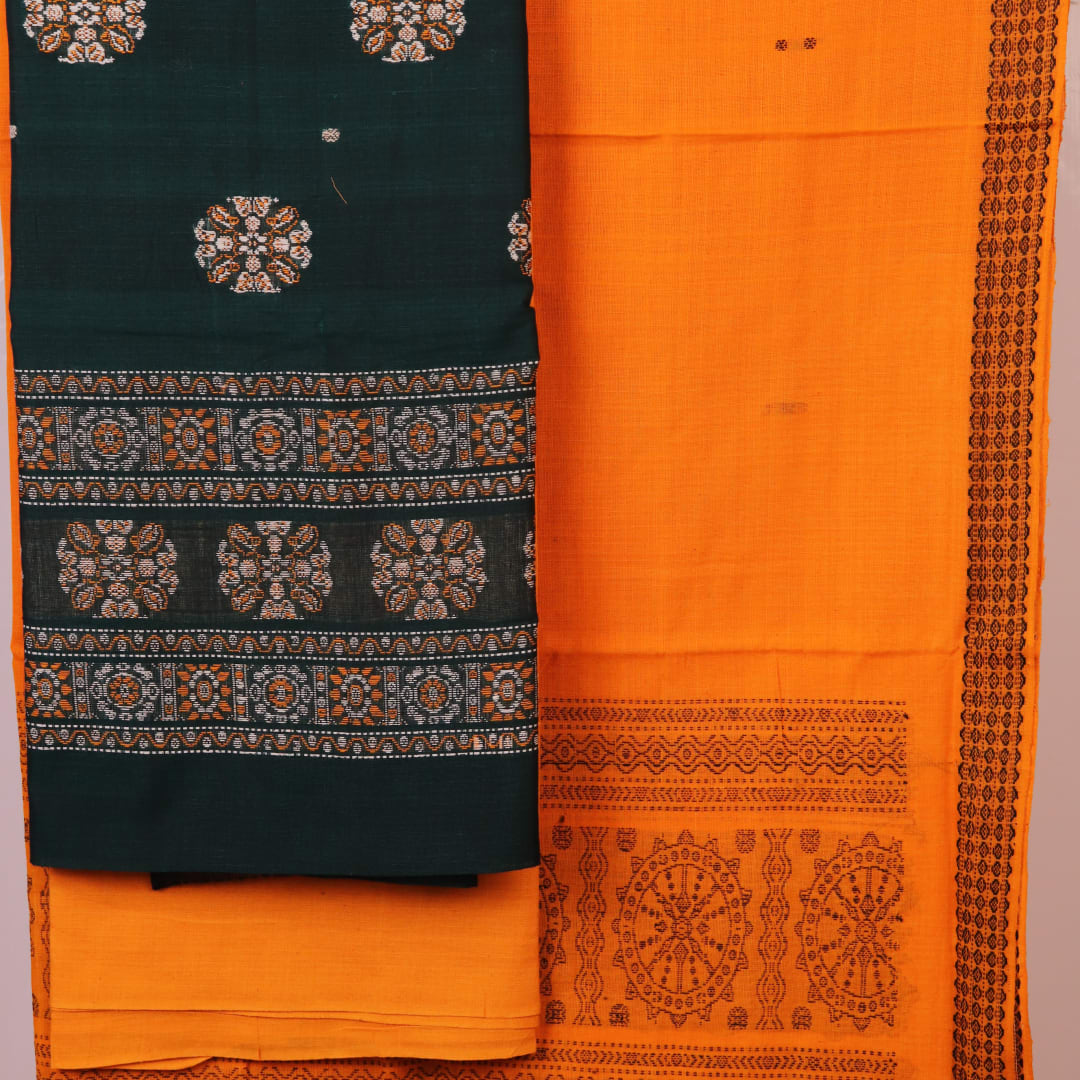 Bomkai Cotton dress material blouse piece in yellow, complementing the green and butta patterns.