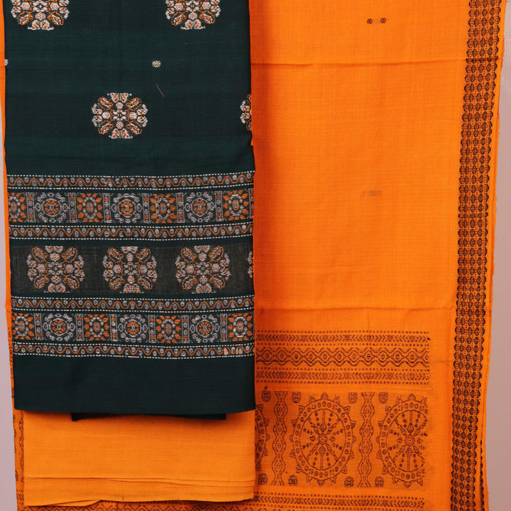 Bomkai Cotton dress material blouse piece in yellow, complementing the green and butta patterns.