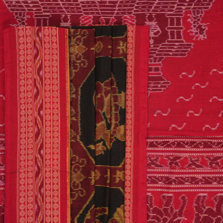 Full layout of the black and red Sambalpuri cotton saree showcasing the complete body pattern and pallu.