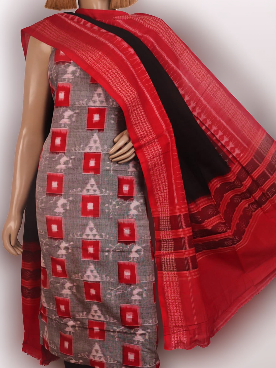 Detail of the grey and black Sambalpuri cotton dress material's blouse piece with motifs.
