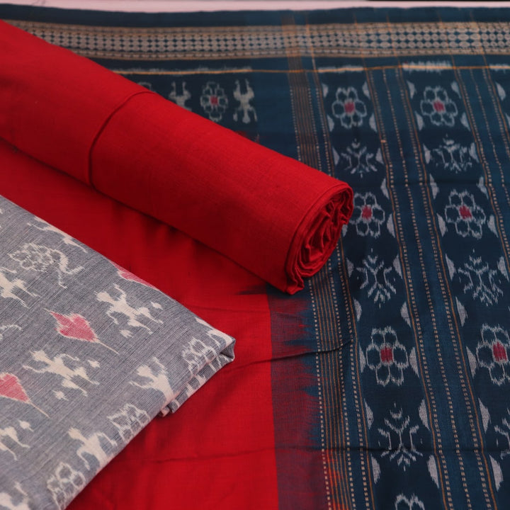 Blouse piece of grey and red Sambalpuri cotton dress material with motifs.