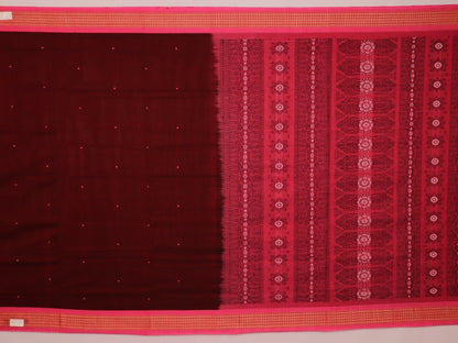 Full view of a maroon and pink cotton Bomkai saree featuring a butta pattern.
