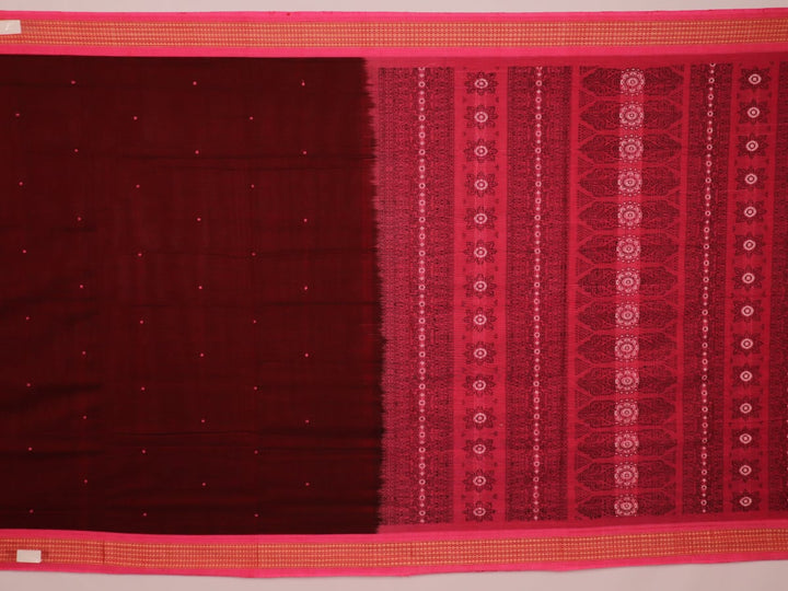 Full view of a maroon and pink cotton Bomkai saree featuring a butta pattern.