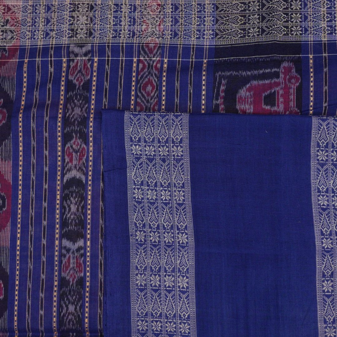 Full layout of blue and multi-color Sambalpuri cotton saree displaying motifs across the length.