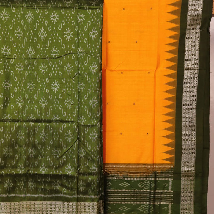 Handloom Sambalpuri green silk dress material blouse piece with yellow motifs.