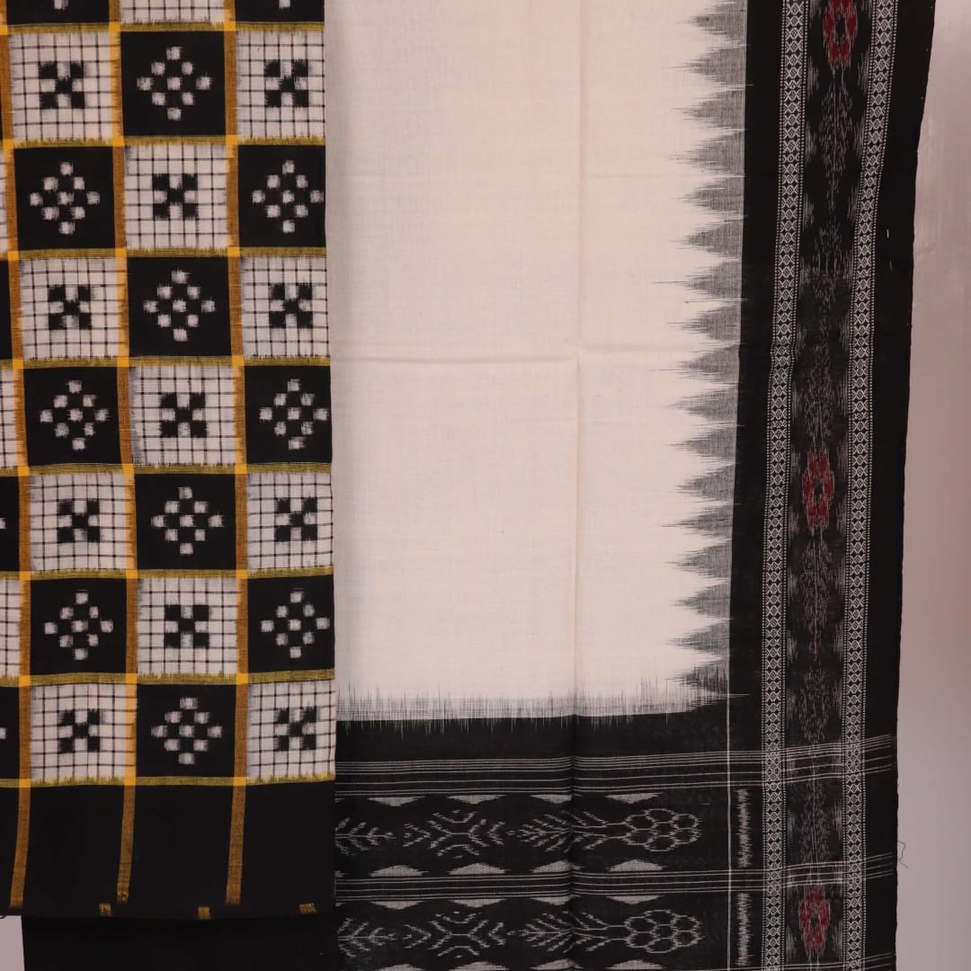 Close-up view of a black and white Sambalpuri cotton blouse piece with a Pasapalli pattern.