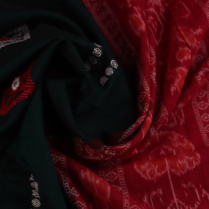 Full view of a green and red handloom Bomkai Cotton Saree with butta pattern.