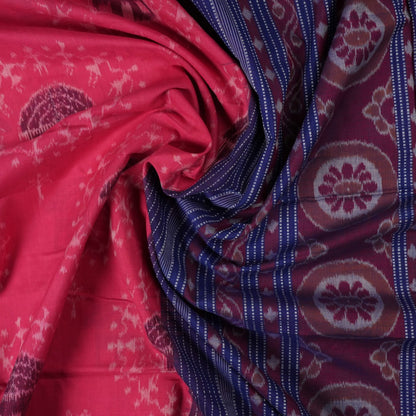 Full layout of the pink and blue Sambalpuri cotton saree displaying the body, border, and motifs.