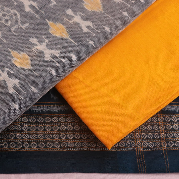 Grey and yellow Sambalpuri cotton dress material blouse piece with motifs.