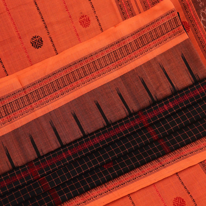 Full view of a Black and Orange Cotton Sambalpuri Saree with a Butta pattern.