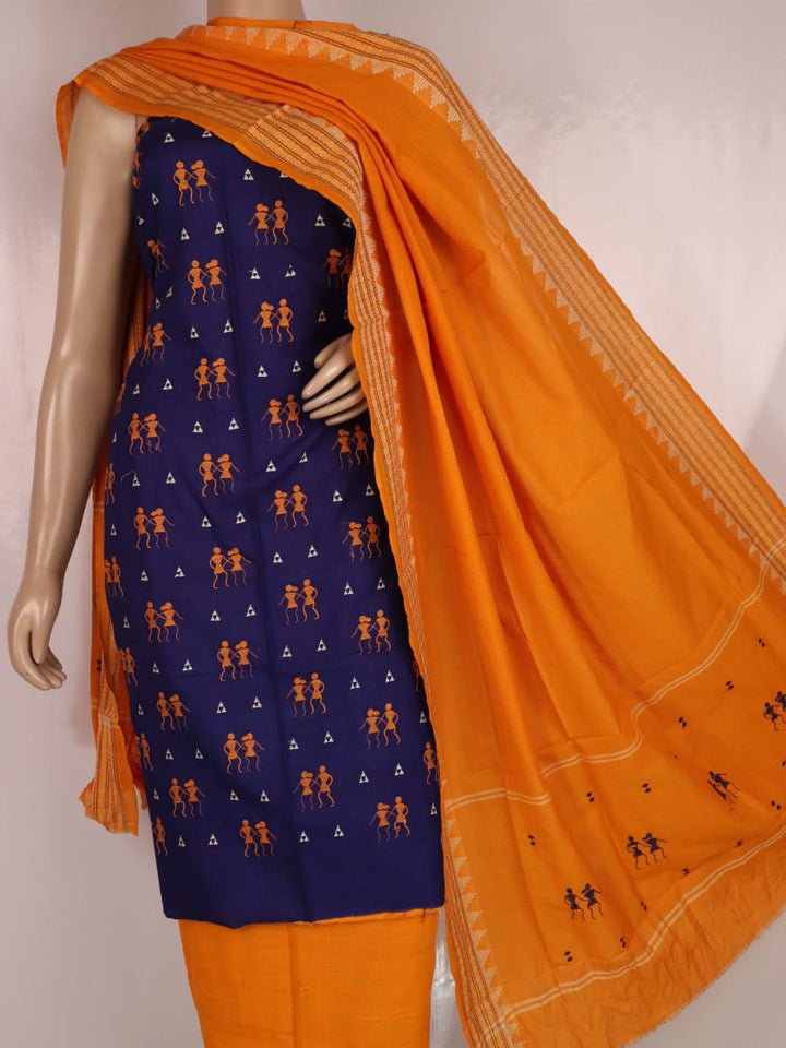 Blue and yellow cotton Sambalpuri dress material with a doll pattern and a close-up of the blouse piece