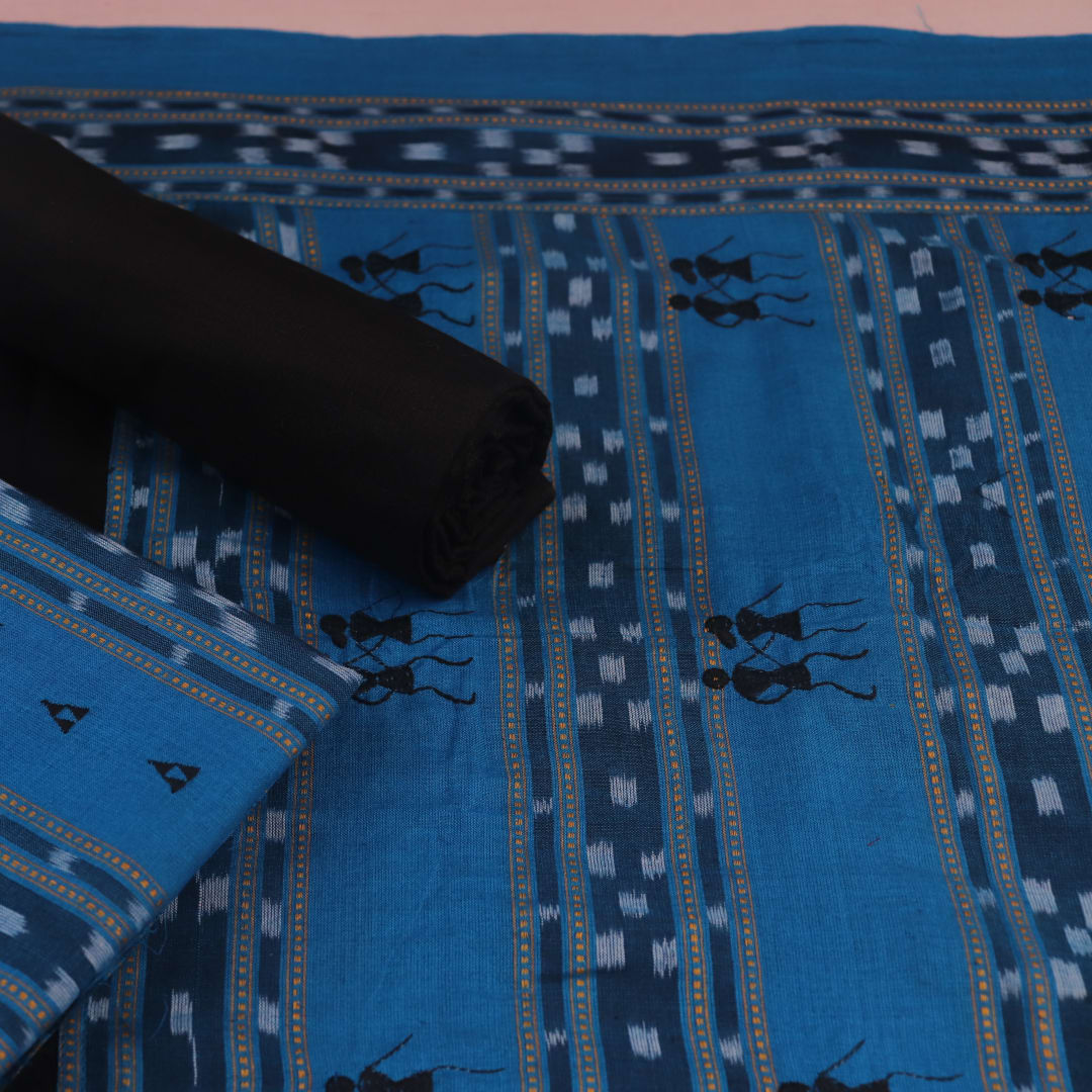 Blue and black Sambalpuri cotton dress material: Blouse piece detail with motifs.
