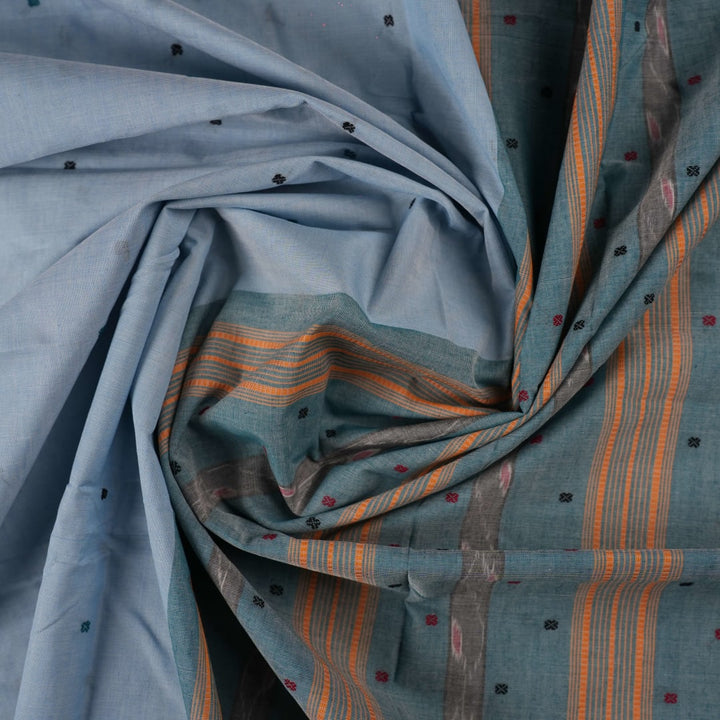 Full layout view of the blue and green Sambalpuri cotton saree showcasing the entire butta design