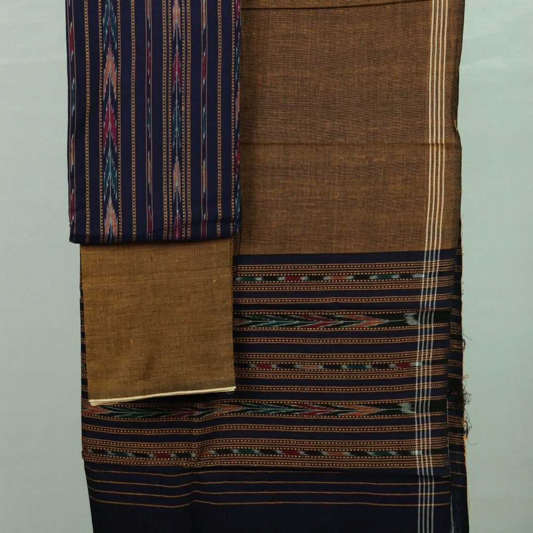 Blue and black cotton dress material with traditional Sambalpuri motifs on the blouse piece