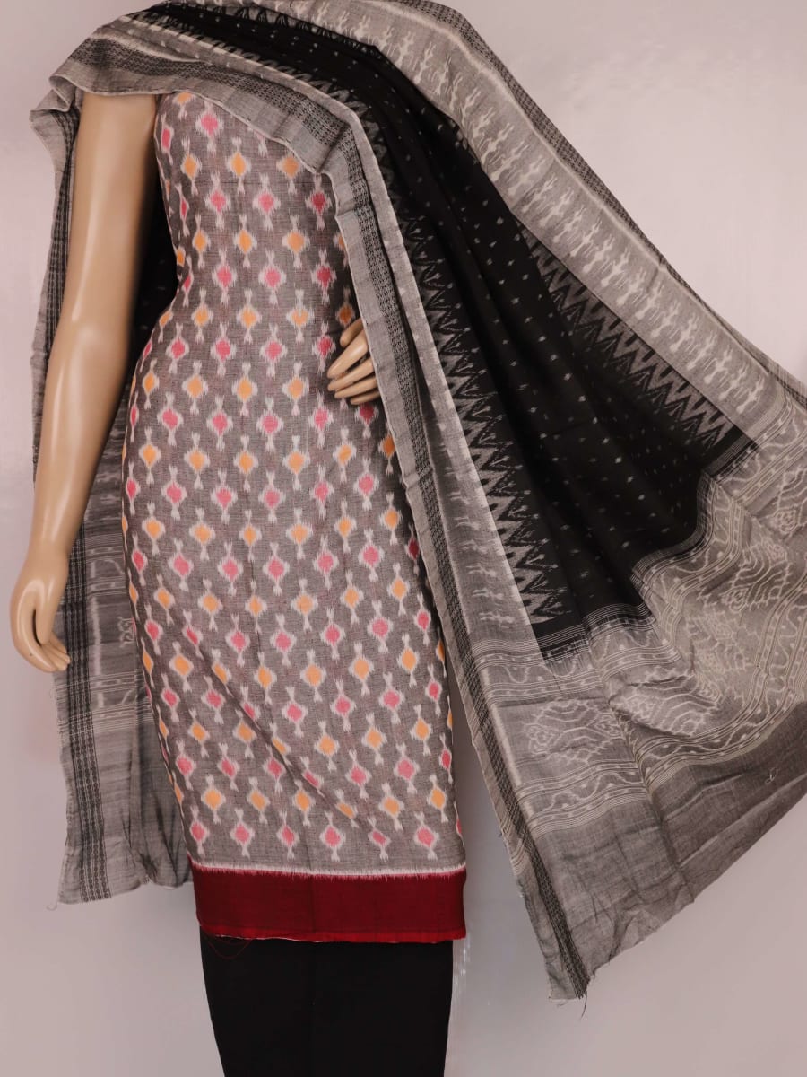 Sambalpuri cotton dress material in grey and black with motif pattern, showcasing the blouse piece.