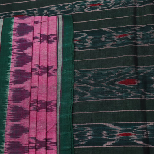 Pink and green Sambalpuri cotton saree with motifs, elegantly draped on a model.