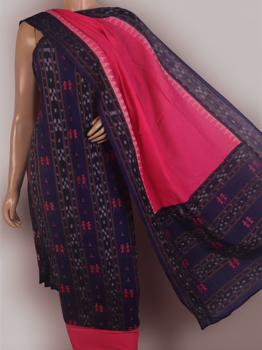 Detail of the blue and pink Sambalpuri cotton dress material blouse piece with traditional motifs.